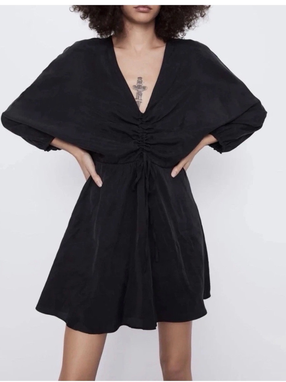 ZARA Black Solid V-Neck and Ruched Draped Front Mini Dress  S